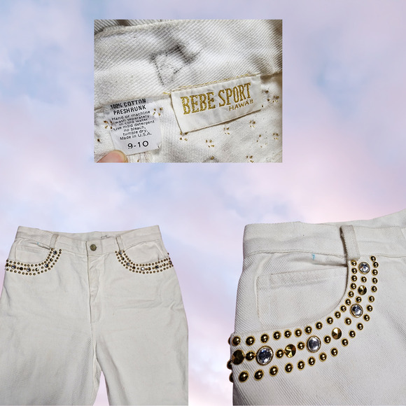 Vtg 80s Bebe Sport Hawaii White Denim Gold Studded Rhinestone High Waist Jeans - Picture 4 of 6